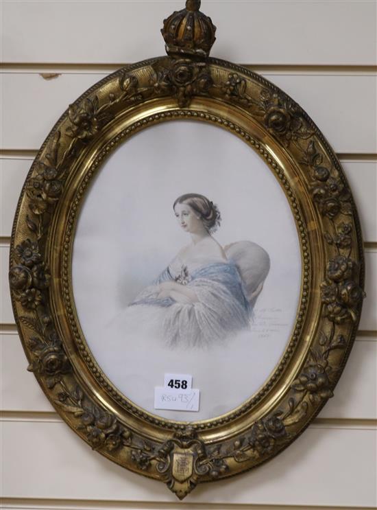 French Royal Interest- coloured lithograph portrait of Empress Eugenie in a gilt frame 34 x 26cm.